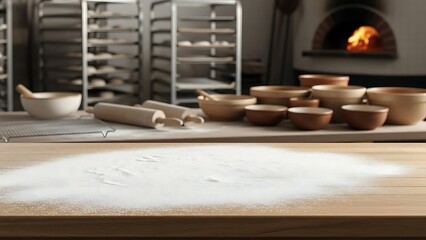 Baking mockup with flour and rustic kitchen background