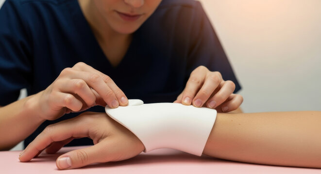 Hand Therapy Session Close Up of Clinician Applying White Splint To Patient's Wrist Over Pink Table - Powered by Adobe