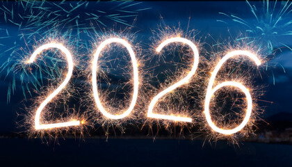Merry Christmas and Happy New Year card with fireworks and sparkling numbers 2026