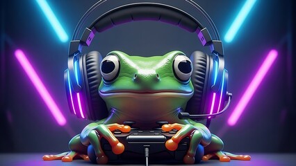 A cute green frog wearing gaming headphones plays a video game controller in neon light.