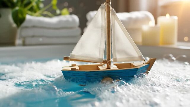 Blue wooden toy sailboat floating in soapy bubble bath water with warm relaxing background light