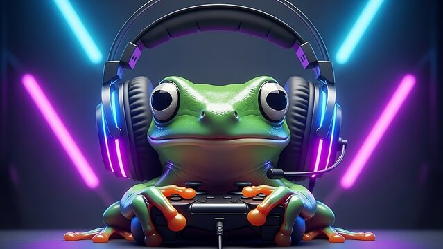 A cute green frog wearing gaming headphones plays a video game controller in neon light. - Powered by Adobe