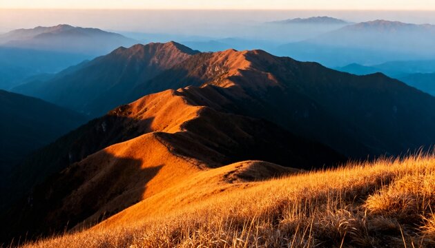 Golden mountain ridge bathed in warm sunrise light - Powered by Adobe