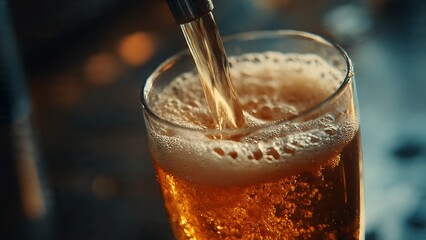 Pouring refreshing amber ale into a chilled glass creating a frothy head, perfect for celebratory moments or relaxing evenings.