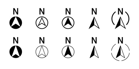 Basic Black and White North Arrow Sign Symbol Icon Set for Map Orientation. Vector Image.