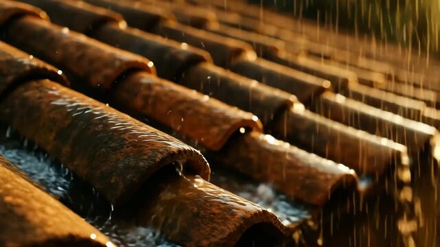 A coiled snake with intricate scale patterns rests on rain-drenched tiles as droplets cascade down in dramatic motion blur, creating a moody and atmospheric wildlife scene.
