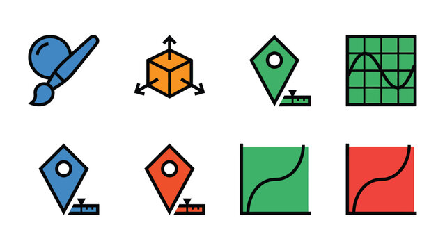 Creative Design and Data Visualization Icons Art Brush 3D Cube Map Pins Graphs