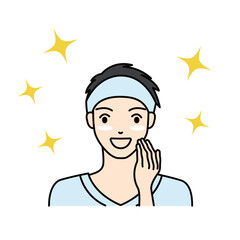 Happy man touching his cheek with clear and healthy skin after treatment