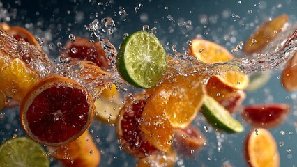 Vibrant citrus slices and lime explode in refreshing water splashes, creating a dynamic, thirst-quenching visual for healthy beverages and summer campaigns.