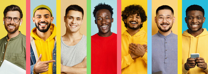 A diverse group of seven men stands in a studio with vibrant backgrounds. Each person displays a joyful expression while dressed in casual clothing, enhancing the lively atmosphere.