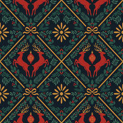 Świąteczny wzór z reniferami, botanicznymi elementami, jemiołą, ostrokrzewem i ornamentami - elegancka bezszwowa tekstura w stylu folkowym. © Monika