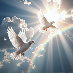 White doves flying through sunlight and rainbow rays, feathers glowing softly, symbol of peace and liberation,Flying doves mirror the essence of freedom and harmony.