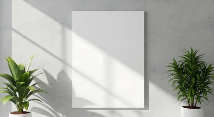 Blank vertical poster frame mockup on concrete wall with green house plants and natural sunlight shadows, minimalist interior design.