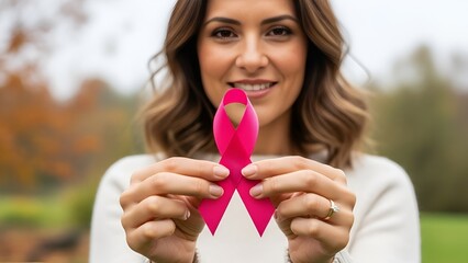 Smiling woman holds pink ribbon for breast cancer awareness outdoors