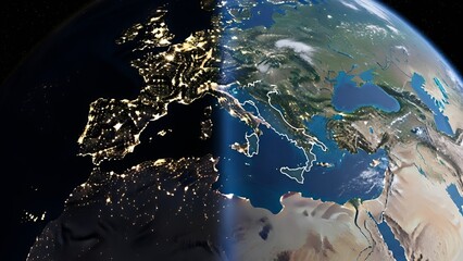 Earth at night and day, revealing illuminated cities and geographic details