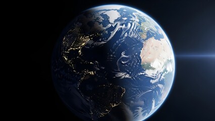 Fototapeta premium Earth view from space showcasing continents, oceans, city lights and atmosphere