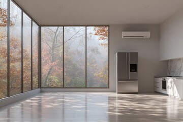 Obraz premium Modern kitchen with large windows overlooking autumnal forest scene.