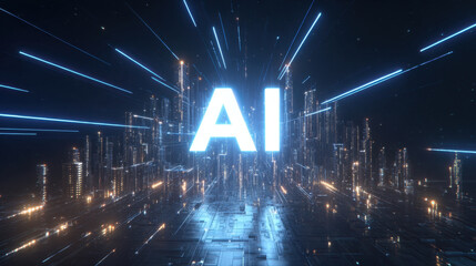 Glowing AI text hovering over futuristic cityscape with neon light streaks and circuit board reflection, dynamic sci fi atmosphere and high tech digital energy