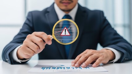Businessman examining a warning sign and chart through a magnifying glass, isolated on white