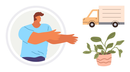 Man gesturing with welcoming arms, delivery truck symbolizing transport, and a potted plant suggesting care or relocation. Ideal for concepts thumbs up delivery, environment, care, relocation