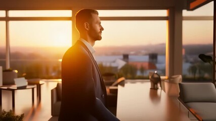 A businessman walks through a modern office as the sunset casts warm light throughout the space. The businessman is focused on the horizon, embodying ambition and determination.
