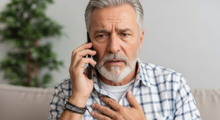 Worried Senior Man in Plaid Shirt Holding Chest While On Phone with Concerned Facial Expression, Medium Shot Portrait Against Neutral Gray Background with Soft Lighting