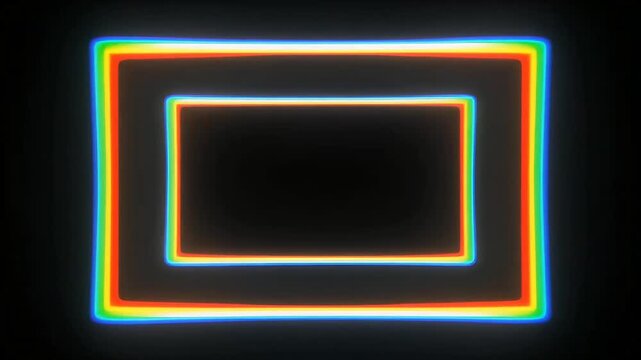 Abstract glowing rainbow rectangular frames on a dark background creating a vibrant visual effect.