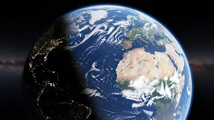 Realistic rendering of planet earth with day and night cycle from space view