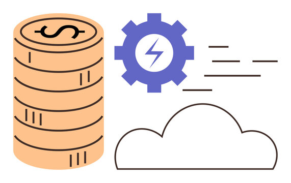 Stack of coins beside a gear with an energy bolt inside and a cloud. Ideal for technology, cloud computing, digital economy, innovation, power efficiency, financial technology, cost-effectiveness