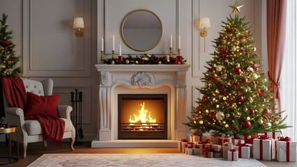 Warm Christmas Interior Background with Elegant Tree Beside Fireplace, Cozy Winter Living Room Scene with Festive Lights and Copy Space
