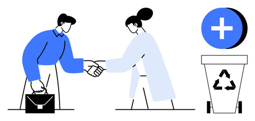 Business collaboration. A handshake partnership and teamwork, with a recycling bin environmental responsibility. Business collaboration in green practices and sustainable innovation for eco-friendly