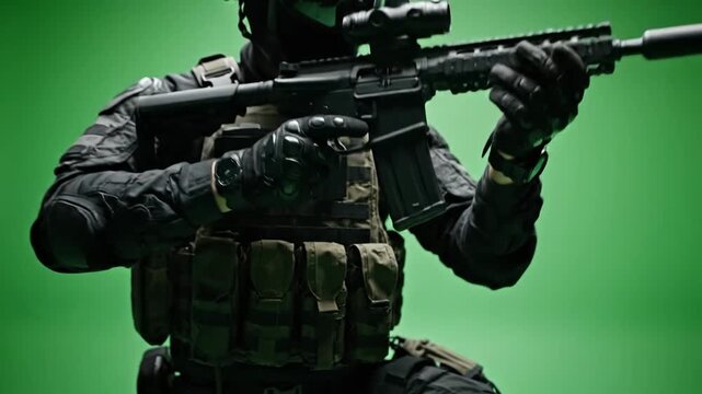 Soldier in tactical gear holding a rifle with a scope and suppressor on a green background.