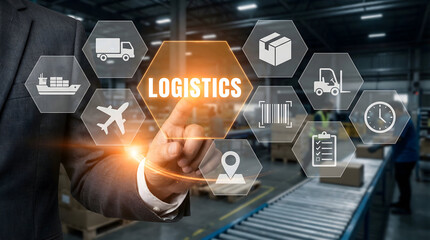 Supply chain manager touching logistics interface with transport icons in warehouse setting.