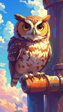 Cartoon owl with big eyes perched atop copper pipes against a soft blue sky filled with pink-tinged clouds
