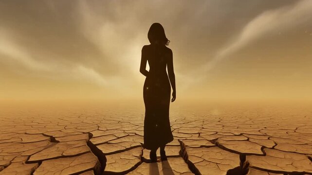 Silhouette on Dry Cracked Land &mdash; Symbolic Environmental Awareness Back-View 4K Animation