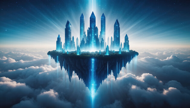 Floating Crystal Kingdom Above the Clouds with Magical Blue Energy Beams
