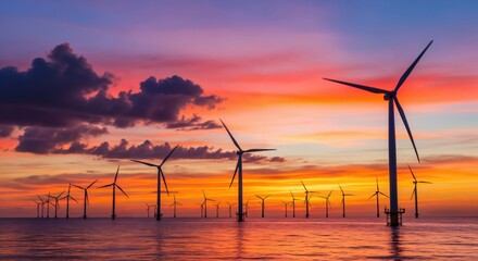 Offshore wind farm with numerous turbines silhouetted against a dramatic and colorful sunset sky over the ocean, symbolizing renewable energy and sustainable power generation.