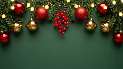 Festive Christmas tree branches adorned with red gold baubles fairy lights and berries on a dark green background