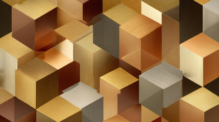 Seamless geometric pattern with gold foil cubes and metallic textures creating luxurious abstract surface, warm tones and subtle shine evoke elegance and modern decorative design
