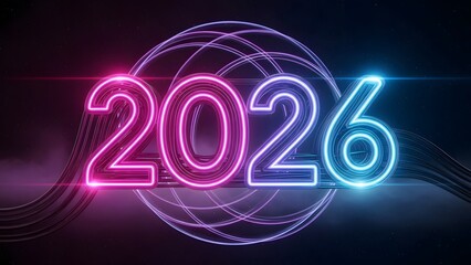 Futuristic 2026 neon glowing numbers with vibrant light trails creating a dynamic modern design background