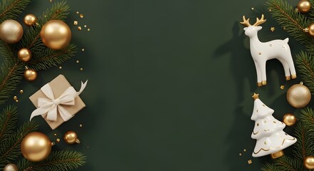 Elegant holiday flat lay with golden ornaments and festive Christmas figures on a deep green backdrop, perfect for seasonal greetings or promotions