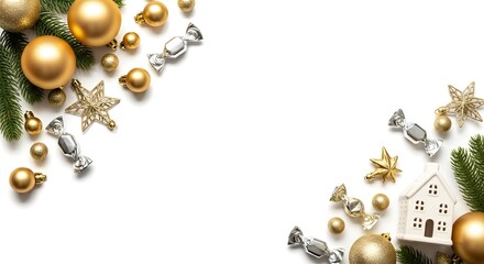 Festive Gold and Silver Christmas Ornaments and Pine Sprigs Bordering a White Background