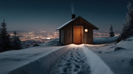 Small wooden cabin snow path night landscape illuminated doorway mountain view city lights