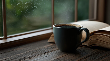 Steaming mug coffee open book wooden table rainy window cozy morning soft light hot beverage reading nook steam rising ceramic cup
