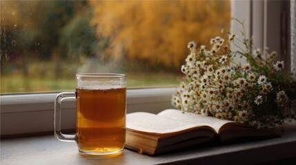 Steaming mug of chamomile tea on windowsill with open book and daisy flowers, warm autumn light and cozy reflective mood