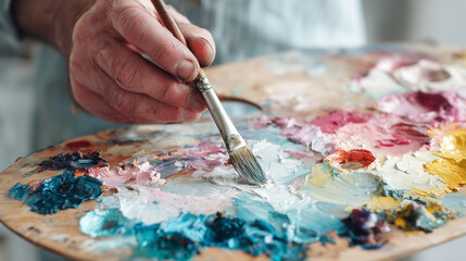 Portrait of an artist mixing paint on Cloud Dancer palette board, soft white background, creative energy