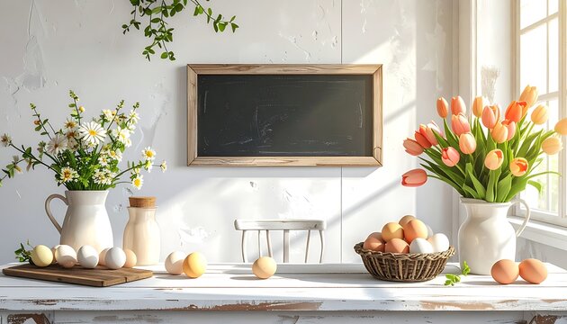 Bright and airy kitchen scene with eggs, tulips, daisies, and a chalkboard on a white table by a window