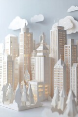 ペーパークラフト調 雲に包まれたホワイト都市風景イメージ