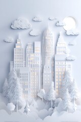 ペーパークラフト調 雲に包まれたホワイト都市風景イメージ