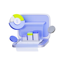 3D icon of a laptop with charts and receipt For financial reporting, detailed sales audit, revenue visualization, and business review.